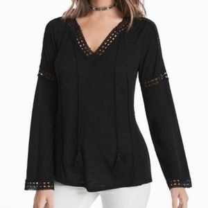 WHBM Black Boho Bell Long Sleeve Crochet Detail Tie Neck Top Size M